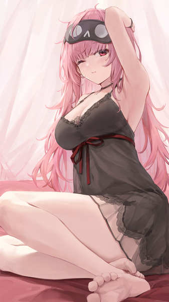 Anime picture 2304x4096 with virtual youtuber hololive hololive english mori calliope mori calliope (6th costume) kanoe (tatsukanoe) single long hair tall image looking at viewer blush fringe highres breasts light erotic red eyes large breasts sitting pink hair cleavage
