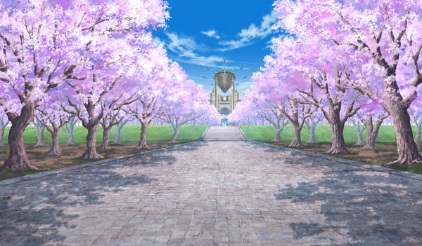 Аниме картинка 1024x600 с da capo iii широкое изображение game cg небо облако (облака) цветущая вишня без людей пейзаж растение (растения) дерево (деревья) дорога