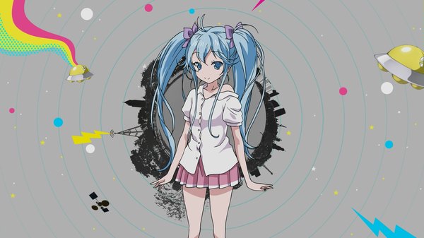 Anime picture 1920x1080 with denpa onna to seishun otoko shaft (studio) touwa erio single long hair highres blue eyes smile wide image twintails blue hair official art girl bow hair bow shirt spacecraft ufo flying saucer