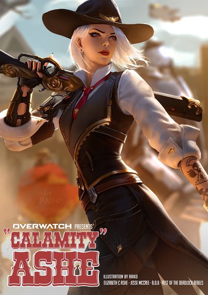 Anime picture 848x1200 with overwatch blizzard entertainment ashe (overwatch) raikoart single tall image short hair red eyes holding signed looking away white hair nail polish looking back fingernails wind blurry realistic mole tattoo