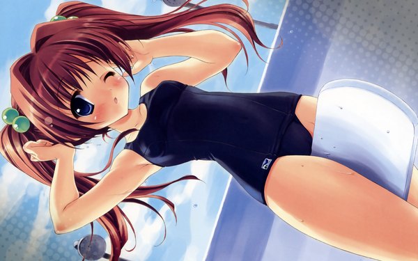 Anime picture 1920x1200 with ryohka long hair highres blue eyes light erotic brown hair wide image twintails sky one eye closed wink wallpaper swimsuit one-piece swimsuit school swimsuit shower kickboard