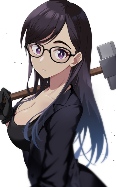Anime picture 1200x1943 with summertime render minakata hizuru profnote single long hair tall image looking at viewer breasts light erotic black hair simple background large breasts white background purple eyes cleavage upper body mole mole under mouth girl gloves
