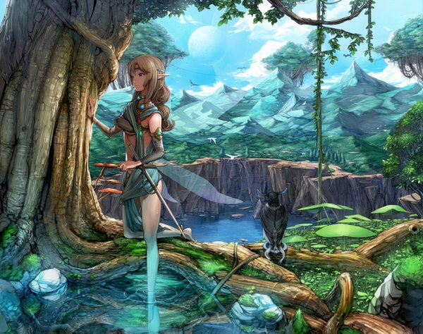 Anime picture 1400x1107 with original kurumayama long hair brown hair green eyes pointy ears mountain elf landscape girl plant (plants) detached sleeves animal tree (trees) water bird (birds) roots liana