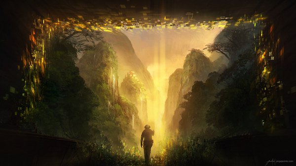 Anime picture 1400x788 with original jjcanvas single wide image signed sky walking nature waterfall ambiguous gender plant (plants) tree (trees) water helmet pixels