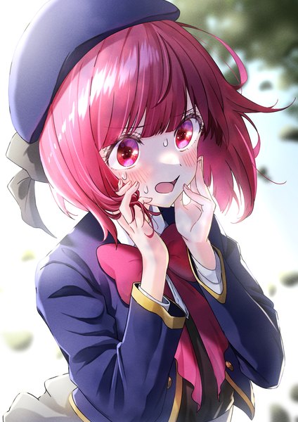 Anime picture 2894x4093 with oshi no ko arima kana nisi ki no single tall image blush highres short hair open mouth red eyes looking away upper body outdoors red hair sweatdrop hands on face girl uniform school uniform beret