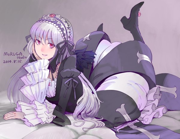 Anime picture 2327x1800 with rozen maiden suigintou moruga single long hair looking at viewer highres red eyes signed silver hair lying on stomach lolita fashion girl ribbon (ribbons) boots frills headscarf