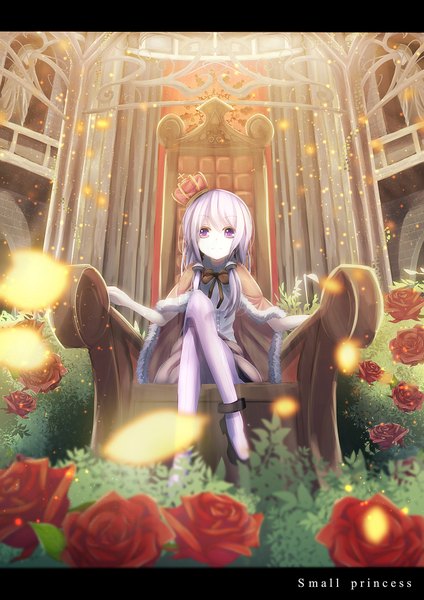 Anime picture 1414x2000 with vocaloid yuzuki yukari kagayan1096 single long hair tall image fringe purple eyes twintails purple hair indoors alternate costume low twintails letterboxed glow girl flower (flowers) bow petals pantyhose