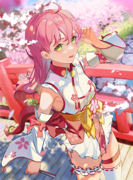 Anime picture 3763x5078 with virtual youtuber hololive sakura miko sakura miko (1st costume) rasa k single long hair tall image looking at viewer fringe highres open mouth hair between eyes holding green eyes pink hair absurdres ahoge outdoors traditional clothes