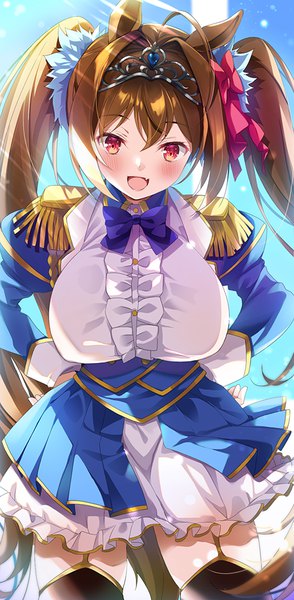 Anime picture 500x1020 with umamusume daiwa scarlet (umamusume) tanabe single long hair tall image fringe breasts open mouth light erotic hair between eyes red eyes brown hair large breasts twintails animal ears ahoge tail :d animal tail