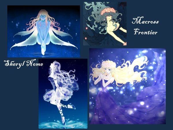 Anime picture 2000x1500 with macross macross frontier sheryl nome long hair highres blue eyes light erotic blonde hair bare shoulders eyes closed profile hair flower aqua hair inscription copyright name dark background wavy hair multiview fairy ballet
