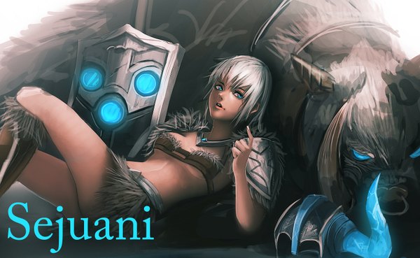 Anime picture 1600x985 with league of legends sejuani (league of legends) laci (artist) single short hair open mouth blue eyes wide image silver hair lying horn (horns) girl miniskirt animal helmet shield