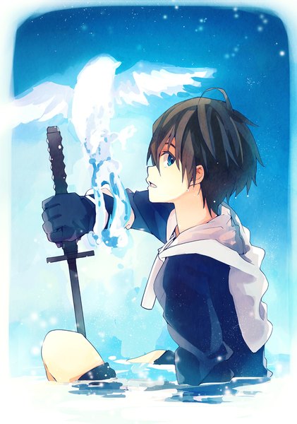Anime picture 702x1000 with original takerusilt single tall image looking at viewer short hair open mouth blue eyes black hair sitting ahoge profile partially submerged framed boy weapon animal sword water bird (birds)