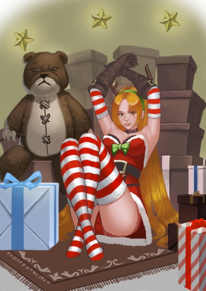 Anime picture 2480x3508 with league of legends katarina (league of legends) assassin (artist) single long hair tall image looking at viewer highres breasts light erotic blonde hair green eyes horn (horns) lips armpit (armpits) christmas scar merry christmas girl thighhighs