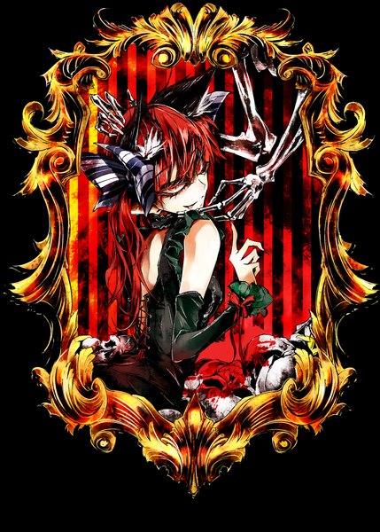 Anime picture 750x1049 with touhou kaenbyou rin pkk single long hair tall image looking at viewer red eyes animal ears cat ears :p extra ears skeleton bone (bones) girl dress ribbon (ribbons) bow hair bow tongue