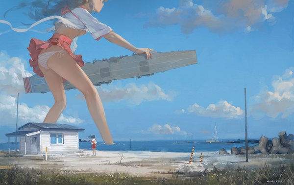 Anime picture 1651x1042 with kantai collection akagi aircraft carrier hjl long hair light erotic multiple girls signed looking away sky cloud (clouds) traditional clothes japanese clothes wind grey hair beach scenic dual persona giant girl skirt