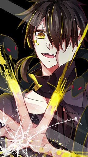Anime picture 639x1136 with kagerou project shaft (studio) konoha (kagerou project) kuroha flywinga7 single tall image looking at viewer short hair open mouth black hair yellow eyes facial mark hand on face against glass boy animal hand snake
