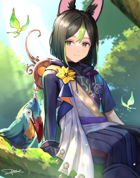 Anime picture 1184x1500 with genshin impact crystalfly (genshin impact) tighnari (genshin impact) pericokitajima single tall image short hair black hair smile sitting green eyes animal ears outdoors multicolored hair sunlight streaked hair tree sitting boy plant (plants) animal