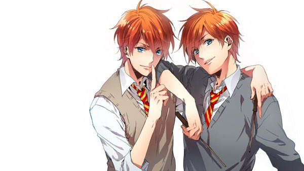 Anime picture 1280x720 with harry potter fred weasley george weasley nakagawa waka short hair blue eyes simple background smile wide image white background orange hair multiple boys siblings twins brothers boy uniform school uniform necktie 2 boys