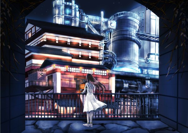 Anime picture 1500x1060 with original kyou tarou long hair brown hair from behind city cityscape girl dress plant (plants) building (buildings) house