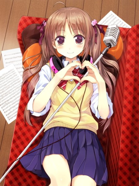 Anime picture 1500x2000 with original orda long hair tall image blush smile red eyes brown hair lying girl serafuku headphones pillow couch microphone paper