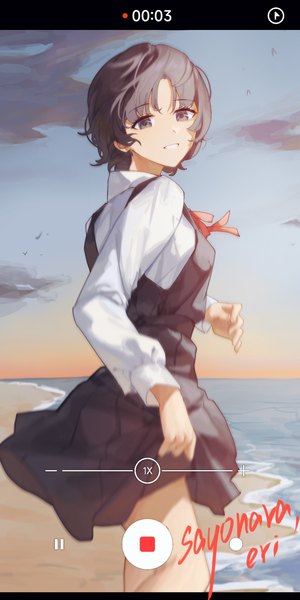 Anime-Bild 1766x3528 mit sentter single tall image looking at viewer fringe highres short hair smile standing holding sky cloud (clouds) outdoors long sleeves blurry grey eyes puffy sleeves copyright name grin turning head
