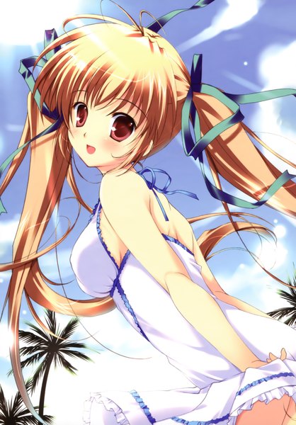 Anime picture 3258x4678 with mikeou long hair tall image highres blonde hair red eyes twintails absurdres looking back girl ribbon (ribbons) plant (plants) tree (trees) palm tree
