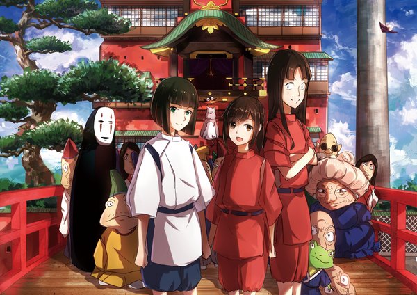 Anime picture 1000x707 with spirited away studio ghibli haku (spirited away) ogino chihiro no face (spirited away) boh makkurokurosuke yubaba kamajii lin (spirited away) daikon (spirited away) phantania long hair fringe short hair open mouth smile brown hair standing brown eyes