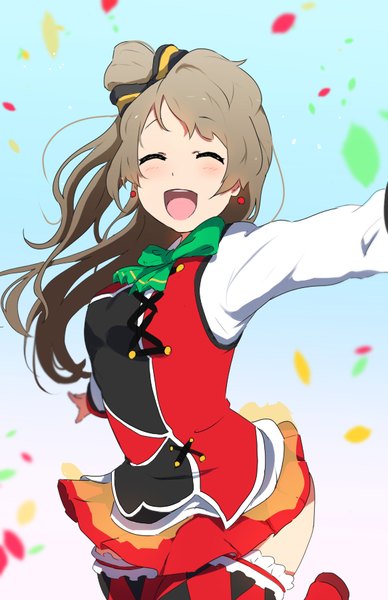 Anime picture 583x900 with love live! school idol project sunrise (studio) love live! minami kotori icehotmilktea single long hair tall image blush fringe eyes closed long sleeves one side up gradient background spread arms girl skirt bow hair bow earrings