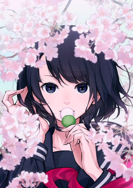 Anime picture 848x1199 with original keije single tall image looking at viewer fringe short hair blue eyes black hair hair between eyes upper body cherry blossoms adjusting hair eating girl uniform flower (flowers) serafuku food sweets