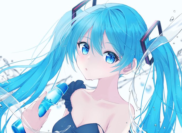 Anime picture 4441x3260 with vocaloid hatsune miku lex suri12 single long hair looking at viewer blush fringe highres blue eyes simple background hair between eyes white background twintails bare shoulders holding payot blue hair absurdres cleavage