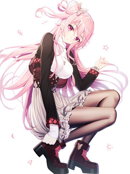 Anime picture 900x1200 with original emily stock ririko (zhuoyandesailaer) single long hair tall image looking at viewer blush fringe breasts simple background hair between eyes white background pink hair full body long sleeves parted lips pink eyes high heels one side up