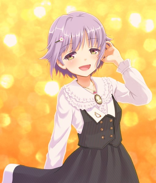 Anime picture 1314x1545 with idolmaster idolmaster cinderella girls koshimizu sachiko m-shiganai single tall image blush short hair open mouth yellow eyes purple hair yellow background girl dress