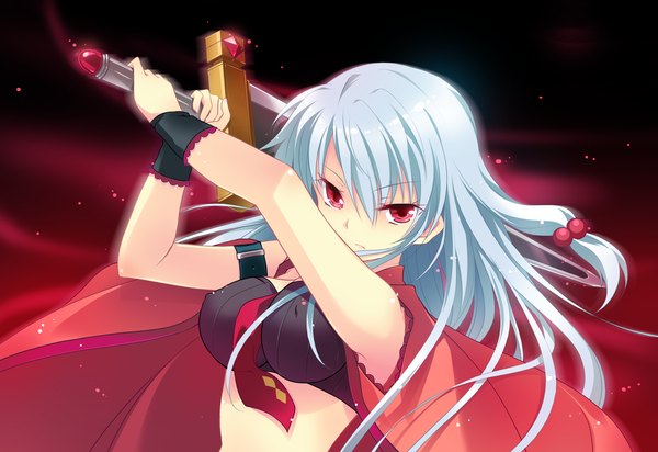 Anime picture 1370x942 with futsuno fantasy long hair red eyes game cg white hair girl weapon sword necktie
