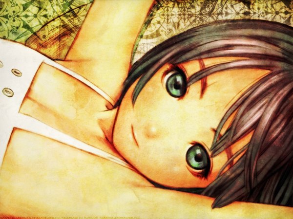 Anime picture 1600x1200 with futuregraph range murata single bare shoulders green eyes upper body lying grey hair armpit (armpits) flat chest third-party edit girl dress