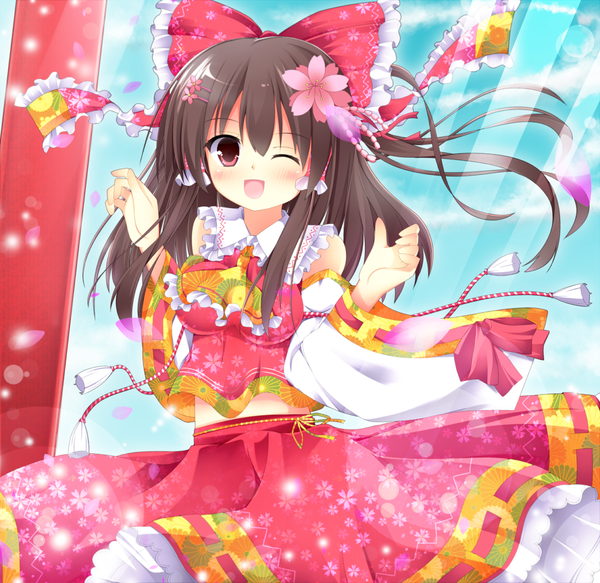 Anime picture 1152x1120 with touhou hakurei reimu maccha single long hair blush open mouth black hair red eyes one eye closed hair flower wink girl hair ornament detached sleeves petals