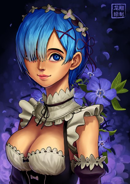 Anime picture 884x1250 with re:zero kara hajimeru isekai seikatsu white fox rem (re:zero) lung hsiang single tall image fringe short hair breasts blue eyes light erotic large breasts signed blue hair cleavage upper body hair over one eye maid lipstick pink lipstick