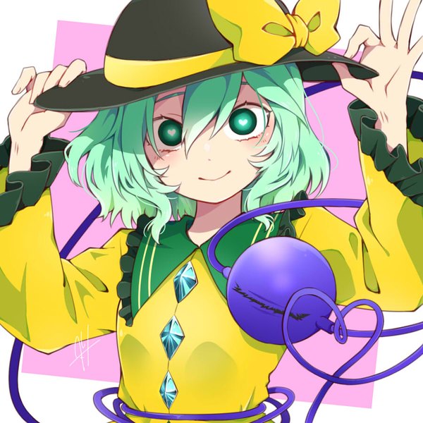 Anime picture 900x900 with touhou komeiji koishi kurutana single looking at viewer blush fringe short hair simple background smile hair between eyes green eyes signed upper body green hair wide sleeves arms up symbol-shaped pupils pink background heart-shaped pupils