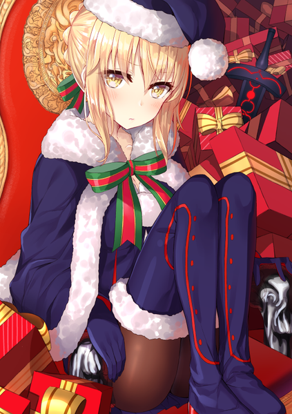 Anime picture 595x842 with fate (series) fate/grand order artoria pendragon (all) santa alter hakuishi aoi single long hair tall image looking at viewer blush fringe blonde hair hair between eyes sitting yellow eyes bent knee (knees) fur trim christmas leg hug girl