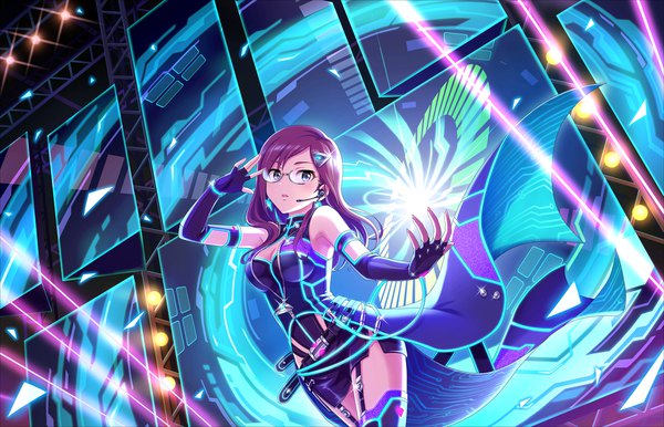 Anime picture 1280x824 with idolmaster idolmaster cinderella girls idolmaster cinderella girls starlight stage yagami makino single long hair looking at viewer fringe open mouth blue eyes standing bare shoulders cleavage purple hair wind official art sparkle side slit adjusting glasses girl