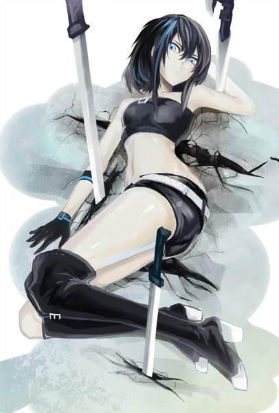 Anime picture 1000x1476 with original mek single tall image short hair blue eyes black hair simple background white background lying from above hand on head crack girl navel weapon sword shorts belt katana