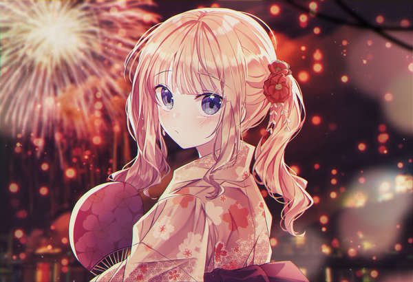 Anime picture 1500x1027 with original seno (senohime) single long hair looking at viewer blush fringe blonde hair purple eyes payot upper body outdoors blunt bangs traditional clothes japanese clothes hair flower blurry night depth of field night sky