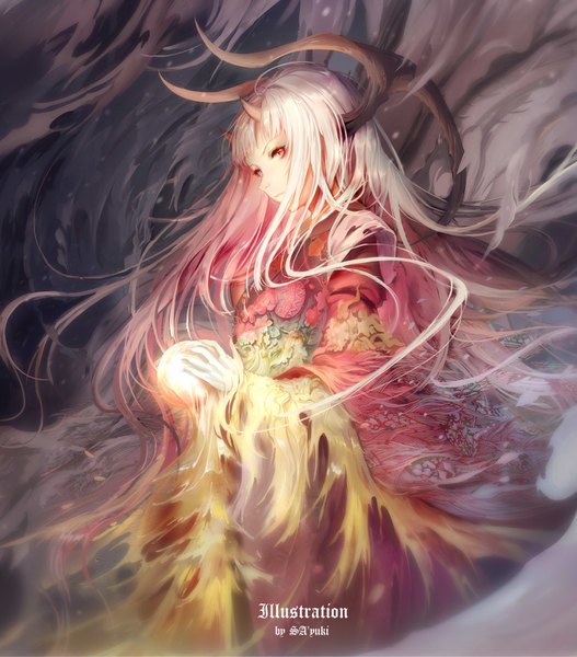Anime picture 1280x1455 with original sa'yuki single long hair tall image fringe standing holding signed looking away pink hair traditional clothes japanese clothes pink eyes horn (horns) inscription wide sleeves floating hair floral print smoke
