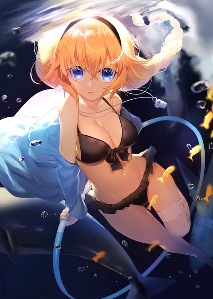 Anime picture 2549x3583 with fate (series) fate/grand order jeanne d'arc (fate) (all) jeanne d'arc (swimsuit archer) chashiba single tall image looking at viewer fringe highres breasts blue eyes light erotic blonde hair hair between eyes holding cleavage braid (braids) very long hair parted lips