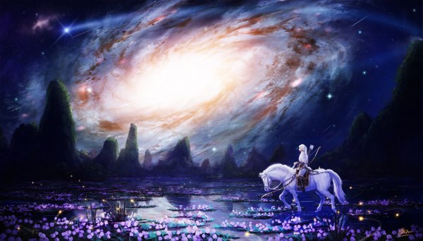 Anime picture 2625x1500 with original makkou 4 long hair highres wide image sitting holding signed looking away bent knee (knees) white hair ponytail profile night night sky shooting star girl flower (flowers) weapon plant (plants)