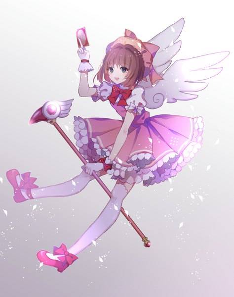 Anime picture 1200x1516 with card captor sakura clamp kinomoto sakura sulfur (1453rk) single tall image short hair open mouth simple background brown hair holding green eyes looking away full body grey background puffy sleeves magical girl girl thighhighs gloves
