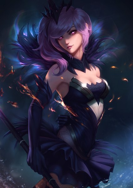Anime picture 900x1273 with league of legends lux (league of legends) elementalist lux raikoart single long hair tall image looking at viewer fringe breasts pink hair cleavage head tilt pink eyes realistic alternate costume lipstick side ponytail glowing dark background