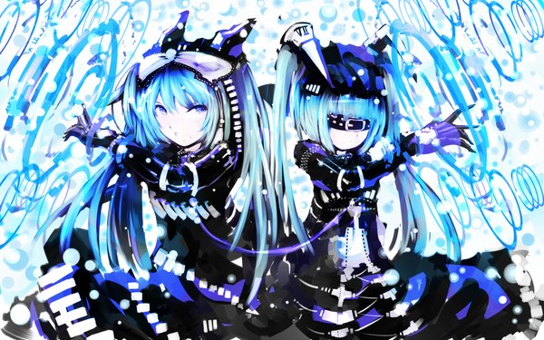 Anime picture 1920x1200 with vocaloid hatsune miku tone g (artist) long hair highres blue eyes wide image twintails multiple girls aqua hair blindfold girl dress bow 2 girls hair bow belt wire (wires)