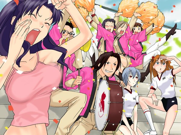 Anime picture 1024x768 with neon genesis evangelion gainax soryu asuka langley ayanami rei katsuragi misato light erotic group cheerleader