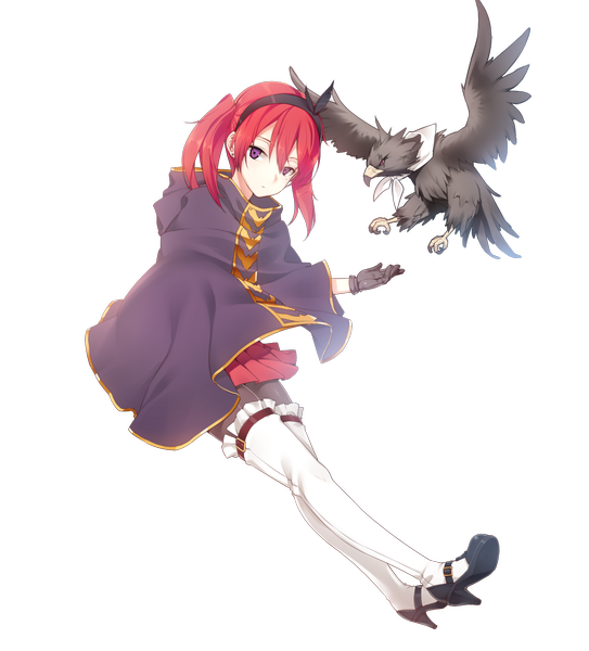 Anime picture 1450x1600 with kuro (kuronell) single tall image looking at viewer short hair twintails purple eyes full body red hair transparent background girl thighhighs animal white thighhighs hairband bird (birds)