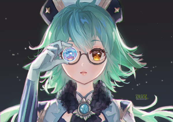 Anime picture 1754x1240 with genshin impact sucrose (genshin impact) sealgege single long hair looking at viewer highres signed yellow eyes upper body green hair covering eye (eyes) girl gloves hat glasses white gloves vision (genshin impact) sphere